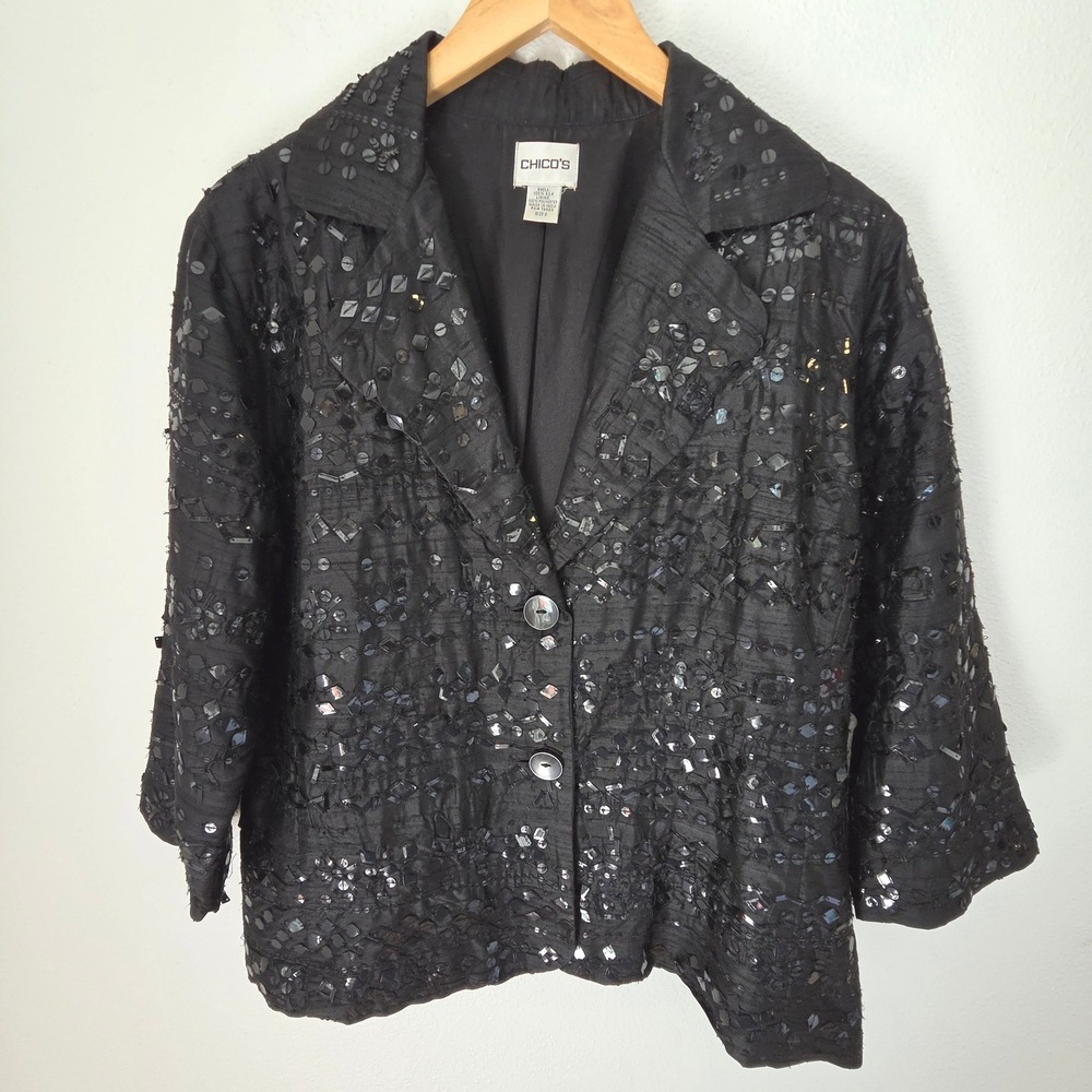 Chicos Black 100% Silk Sequin Embellished Blazer Jacket Size 2 L Evening Luxe